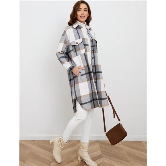 Women Plaid Shacket Brushed Flannel Shirt Jacket Mid Long Wool Blend Tartan Coat - Picture 5 of 7